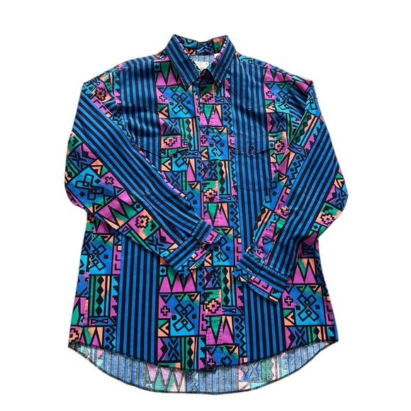 Vintage Duke Western Wear Aztec Southwestern Deco Shirt Size L Cowboy Retro 90s - Picture 1 of 6
